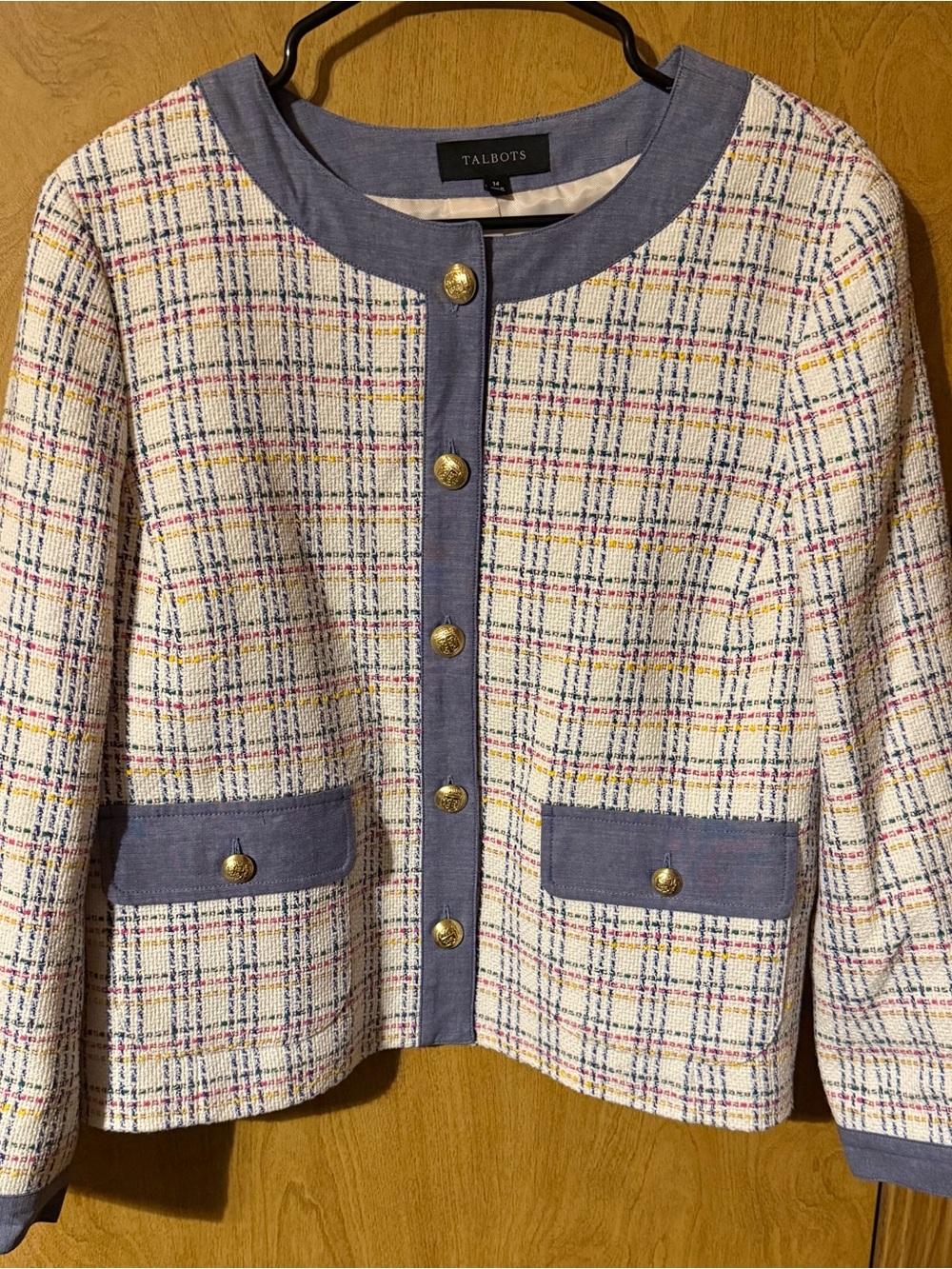 Talbots Cream Tweed Jacket with Blue Trim and Gold Buttons